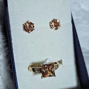 Simulated Champagne & White Diamond Ring & Earring Set in 14K YG Over SS